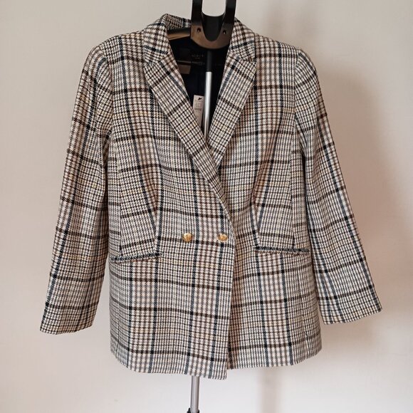 Talbots Plaid Double Breasted Blazer Women’s Navy Brown Cream Size 16P NWT - Picture 2 of 15